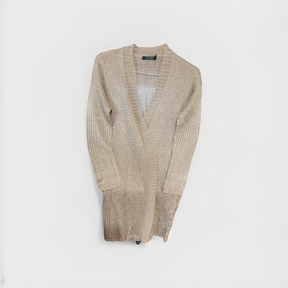 Lauren Ralph Lauren Sweater Womens Medium Open Front Tan Cardigan Knit Green Lab